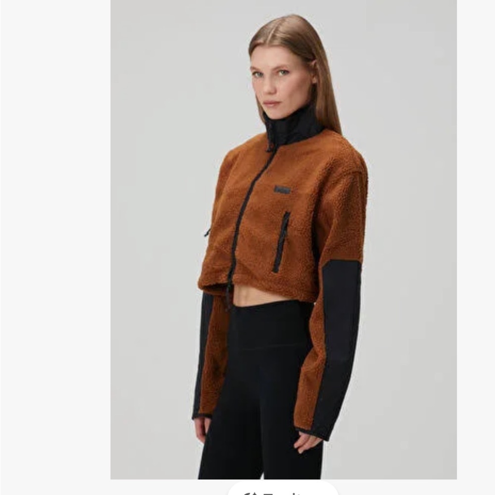 SKIMS Cropped Funnel-Neck Teddy Jacket in Chai with Black Sleeves